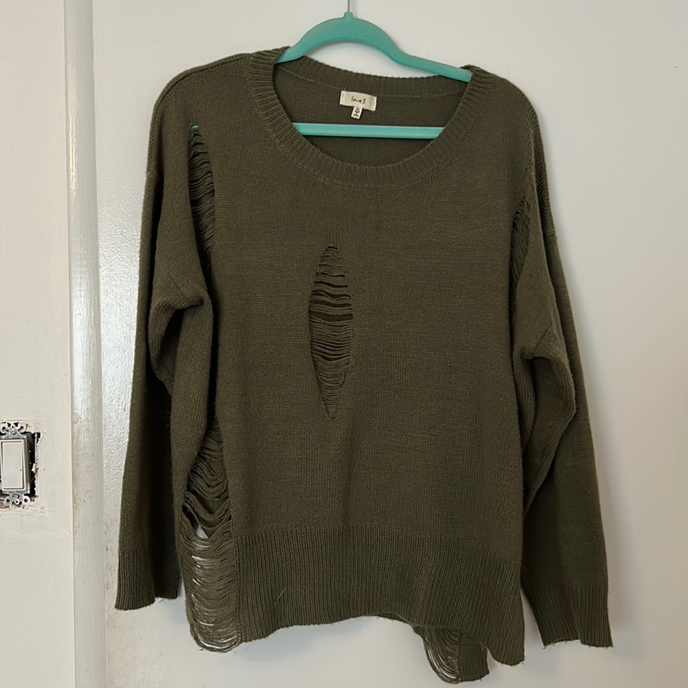 Army Green Distressed Sweater Ripped Top